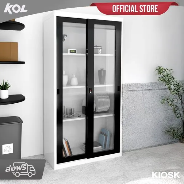 KOL Sliding Glass Door Cupboard with 3 Adjustable Shelves and Lock
