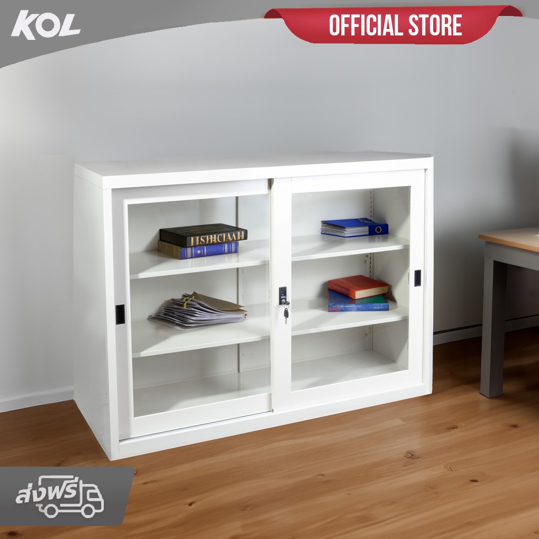 KOL 4-Foot Sliding Glass Cabinet with 3 Adjustable Shelves and Lock