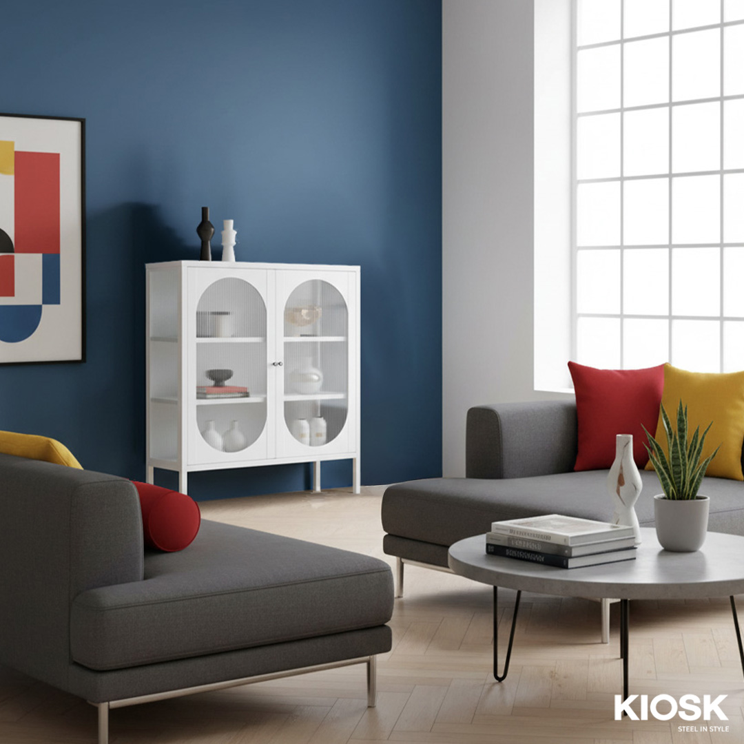 Sleek Medium-Sized 3-Tier Display Cabinet with 3-Sided Curved Wave Glass and 20 cm High Legs