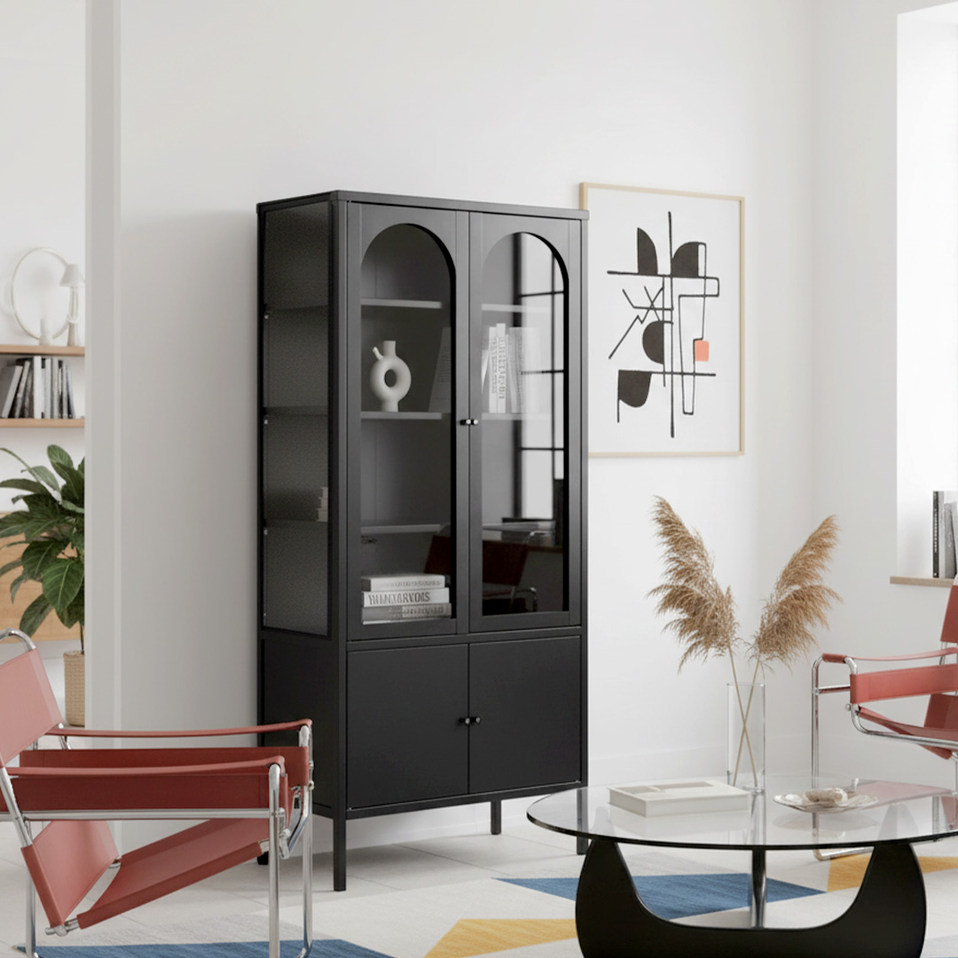 Sleek 4-Tier Tall Display Cabinet with 1 Bottom Compartment and 3-Sided Curved Wave Glass